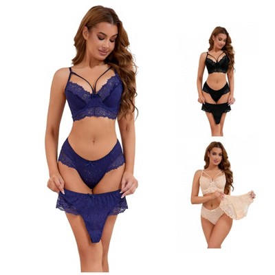 INSPIRE CHIC Women's 3 Sets Cross Straps Full Coverage Bralette and Panty Mesh Floral Lace Underwear Set