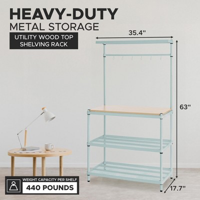 Adjustable Sage Green Wire Utility Shelving Unit with Wood Top
