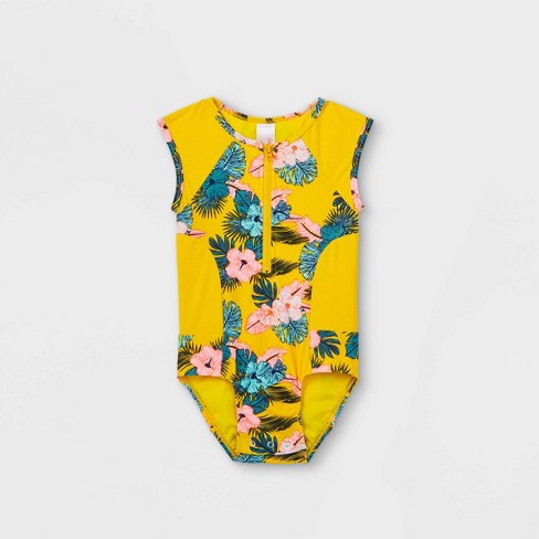 Toddler Girls Floral Zip Front One Piece Swimsuit Cat Jack Yellow Target