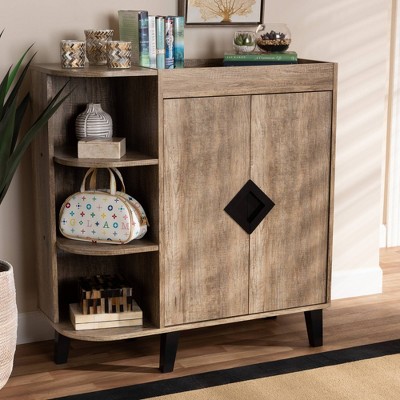 Rustic Oak 2-Door Shoe Cabinet with Open Shelves