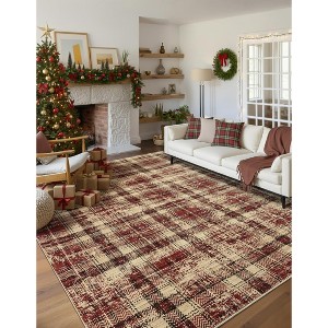 Washable Modern Tartan Plaid for Kitchen & Bedroom, Non Slip, Stain Resistant Throw Rug, 2'x6', Beige - 1 of 4