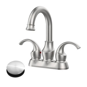 Cobbe Brushed Nickel Bathroom Faucet 2-Handle with 360 Degree Rotating Spout, 4-inch Centerset Vanity Sink with Pop-Up Drain and Supply Hoses - 1 of 4