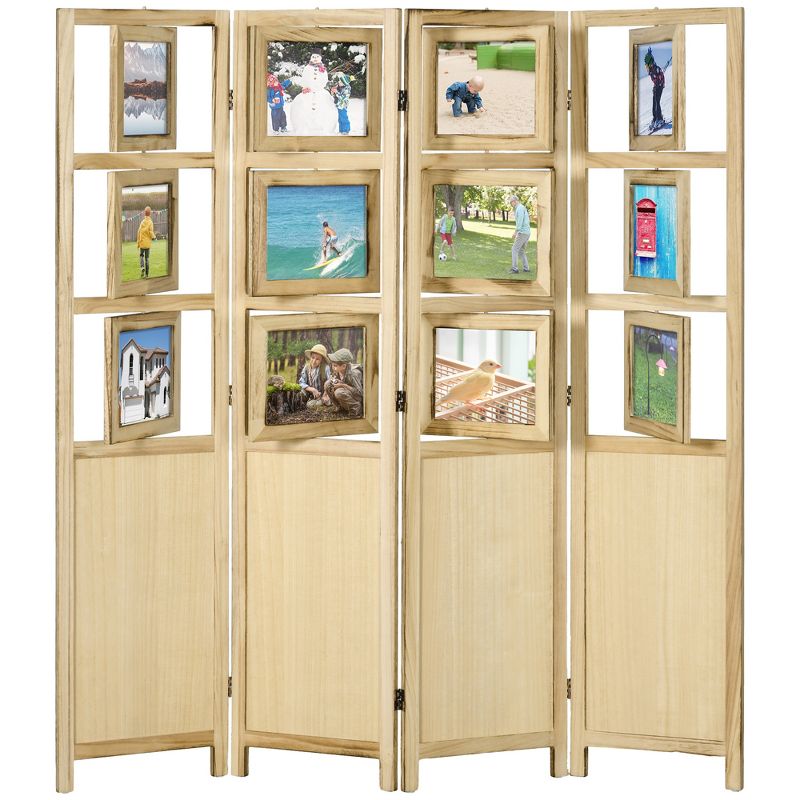 HOMCOM 5.6ft Tall Wood 4 Panel Room Divider Folding Privacy Screens w/ Photo Frames, Natural, 1 of 7