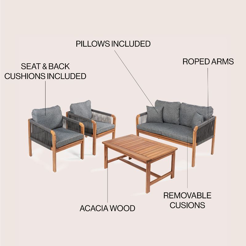 Tavira 4-Piece Modern Bohemian Acacia Wood Outdoor Patio Set with Cushions and Plain Decorative Pillows - JONATHAN Y, 5 of 8