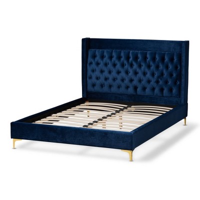 Valery Queen Blue Velvet Tufted Upholstered Platform Bed