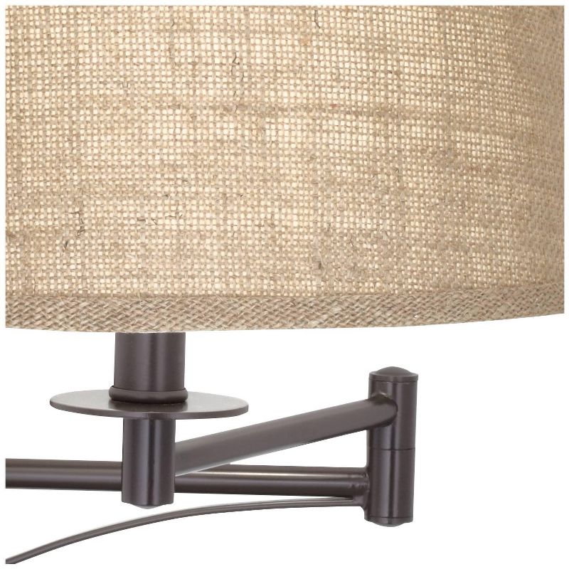 Franklin Iron Works Brinly Farmhouse Rustic Swing Arm Wall Lamp Matte Brown Metal Plug-in Light Fixture Burlap Shade for Bedroom Bedside Living Room, 3 of 9