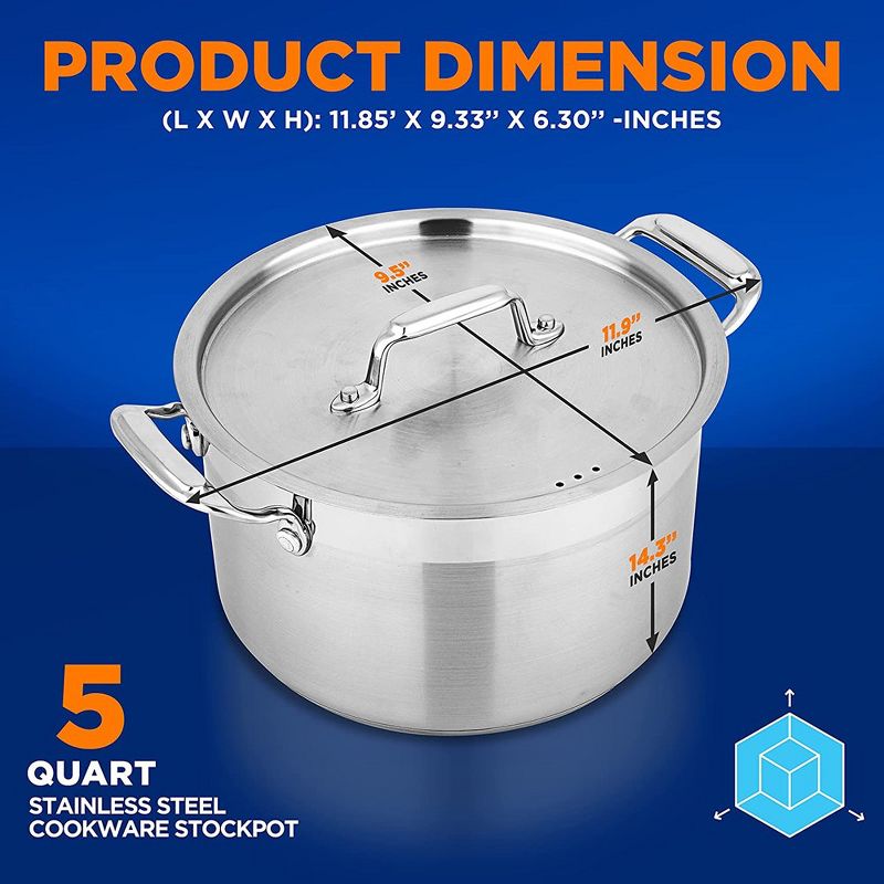 NutriChef 5-Quart Stainless Steel Stockpot - 18/8 Food Grade Heavy Duty Large Stock Pot for Stew, Simmering, Soup, Includes Lid, 2 of 4