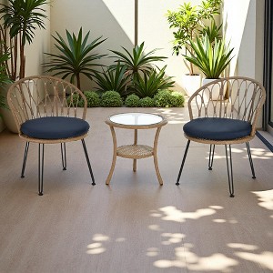 3-Piece Outdoor Patio Rattan Conversation Leisure Chairs Set with 2 Chair and Glass Coffee Table - 1 of 4