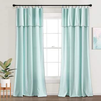 Home Boutique Modern Faux Linen Embroidered Edge With Attached Valance Window Curtain Panels Blue 52X84 Set
