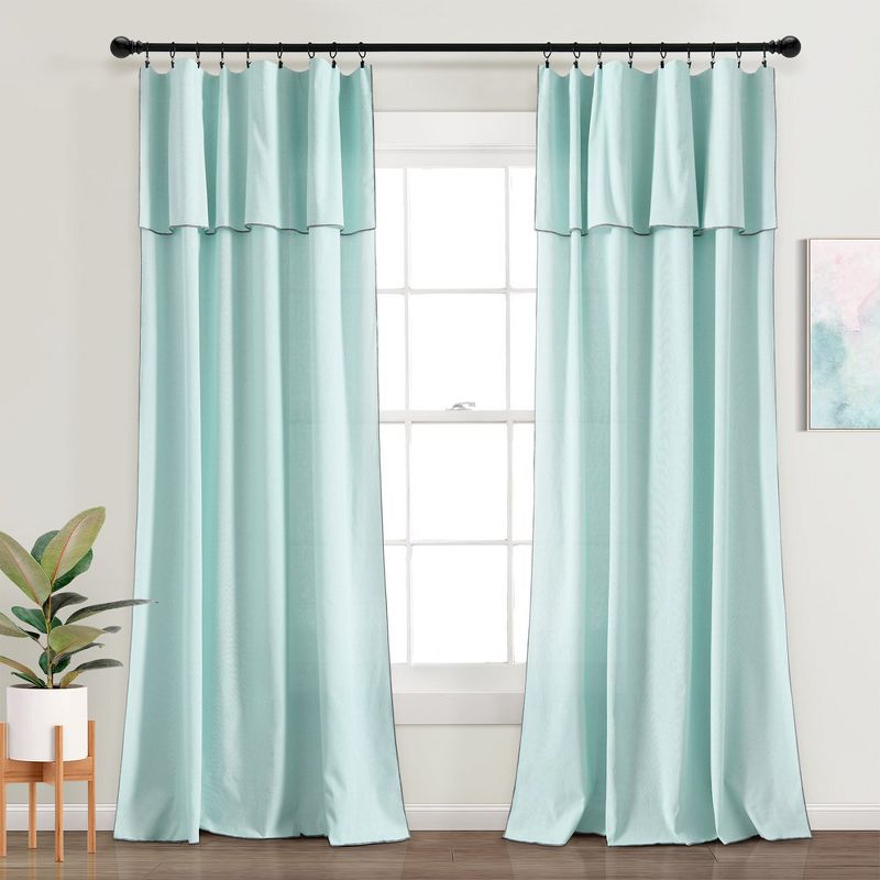 Home Boutique Modern Faux Linen Embroidered Edge With Attached Valance Window Curtain Panels Blue 52X84 Set, 1 of 2