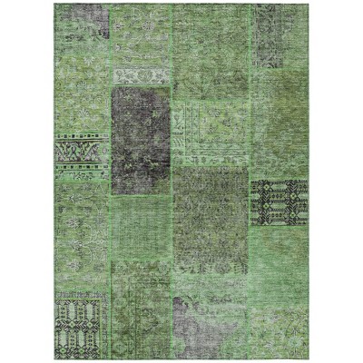 Green And Olive Green Patchwork Washable Indoor Outdoor Area Rug