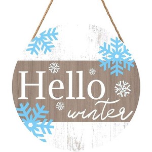 Lomsoe Blue Snowflakes Door Sign For Front Door Decor Hello Winter Wooden Sign 8"x 8" Round Wood Hanging Door Sign Winter Decor for Wall Rustic Decor - 1 of 1