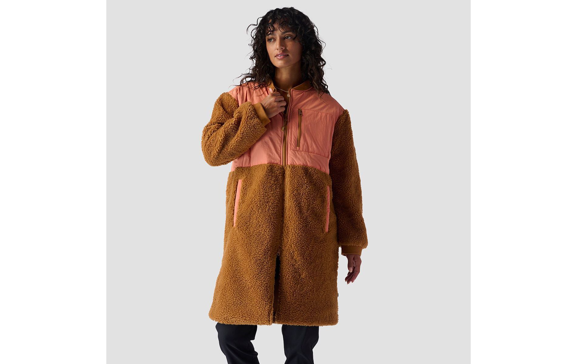Backcountry, Mixed Fabric Fleece Long Coat - Women's, Brown Sugar/Tawny Orange/Fired Brick, M