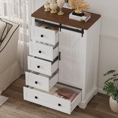 Whizmax 5 Drawers Dresser,47" Tall Farmhouse Chest of Drawers w/Sliding Barn Door, Adjustable Shelves (White)