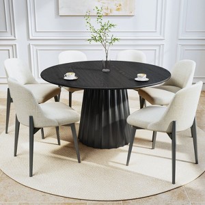 52 inch Round Natural Wood Color Dining Table with 6 White Dining chairs Suitable for Dining Room / Living Room - 1 of 4