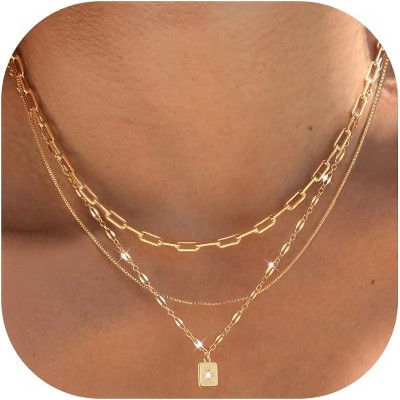 HTUTWOO Layered Gold Necklaces for Women Trendy, 14K Gold Plated Choker Paperclip Box Chain Necklace, Stackable Women's Gold Pendant Necklaces