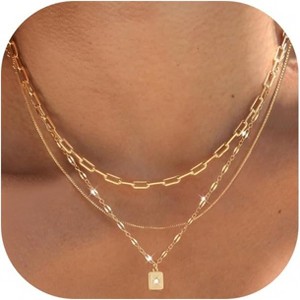 HTUTWOO Layered Gold Necklaces for Women Trendy, 14K Gold Plated Choker Paperclip Box Chain Necklace, Stackable Women's Gold Pendant Necklaces - 1 of 4