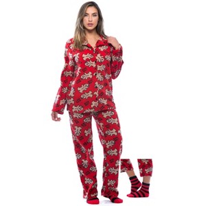 #followme  Womens Printed Microfleece Button Front PJ Pant Set with Socks / Winter Pajamas - 1 of 4