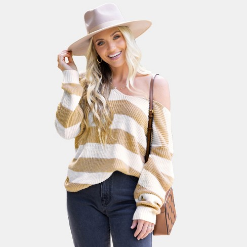 Women's V Neck Split Trim Oversized Sweater - Cupshe -light Brown