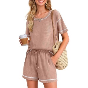 Ekouaer Women's Waffle Knit Two Piece Lounge Set, Soft Matching Outfits for Daily Wear, Casual Shorts Set with Pocket - 1 of 4