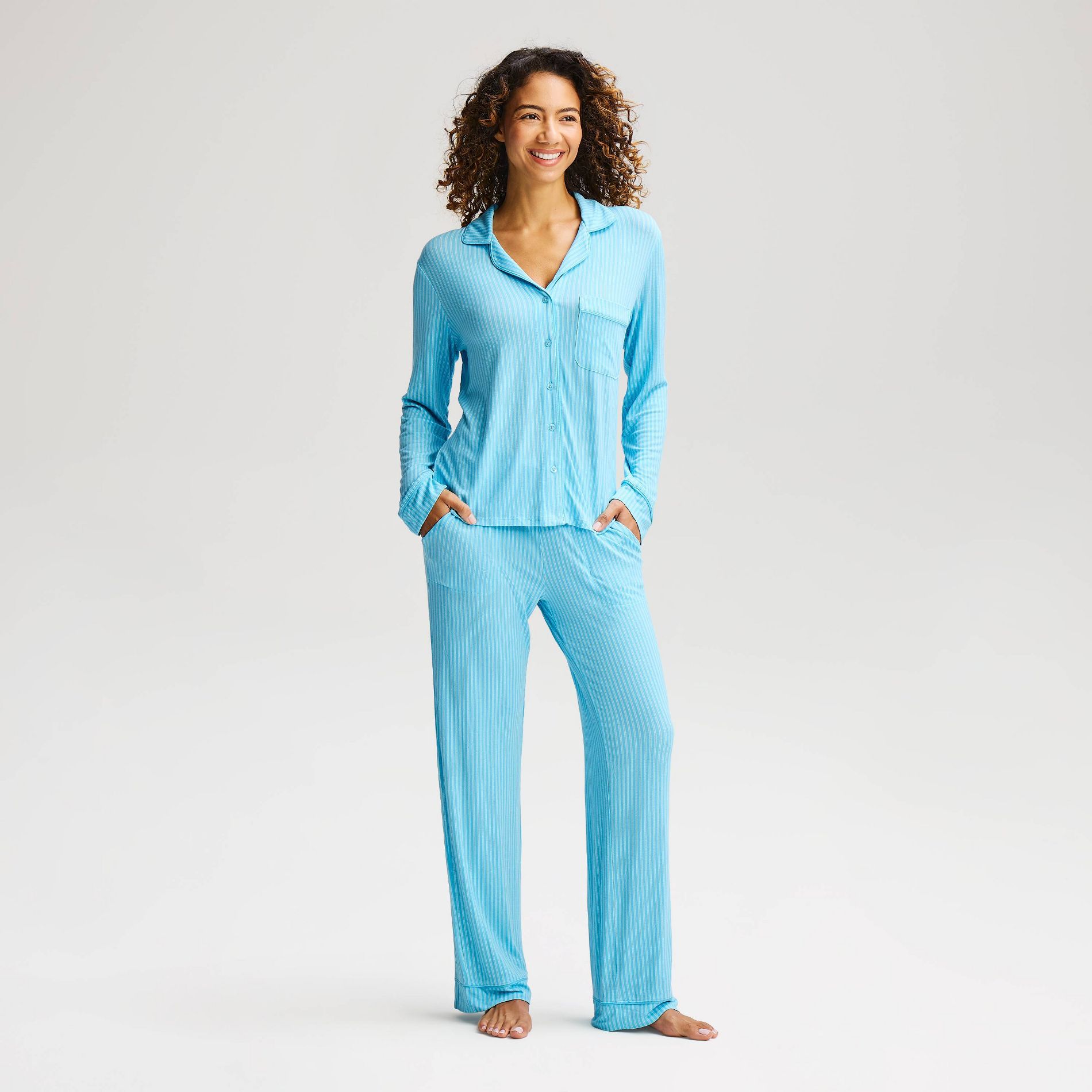Women's Cloud Knit Modal Long Sleeve Notch Collar Top and Pants Pajama Set - Auden™