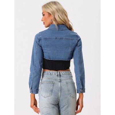 Allegra K Women's Long Sleeve Cropped Denim Jacket X-Small Blue — фото 3