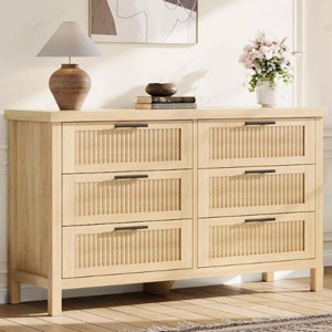 Fluted 6 Drawer Dresser for Bedroom Rattan Chest of Dressers Tall Dresser for Closet with Drawers Boho Night Stand - 1 of 4