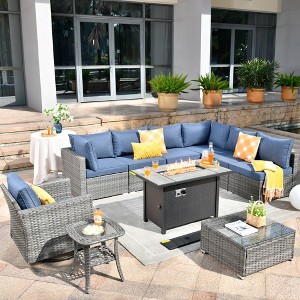 Venice 10pc Wicker Outdoor Patio Furniture Set Conversation Sofa with a Metal Fire Pit, Swivel Chair and Cushions - 1 of 4