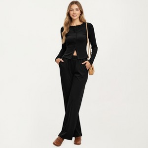 Anna-Kaci Women's 2-Piece Set Long Sleeve Button Front Top and Wide Leg Pants - 1 of 4