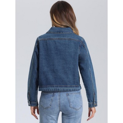 Allegra K Women's Vintage Casual Collar Long Sleeve Button Down Jean Denim Jacket Dark Blue Medium — фото 3