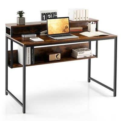 Costway 48”computer Desk With Monitor Stand Home Office Writing Desk With  Storage Drawer And 2 Open Shelves Rustic Brown : Target