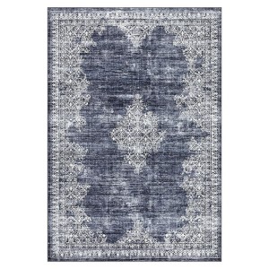 2 x 6 ft Polyester  Imitation Gray Blue Rectangular Hallway Bathroom Entryway Kitchen Office Foldable Flower Printed  Washable Area Ru - 1 of 4