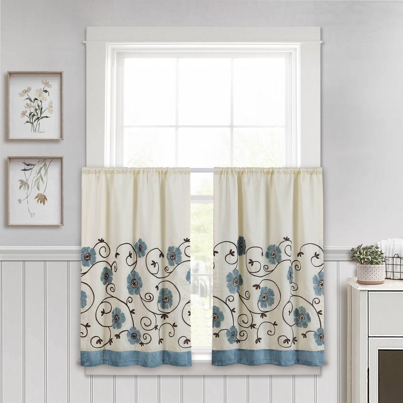 Set of 2 Royal Garden Kitchen Curtain Tiers Blue - Lush Décor, 1 of 7