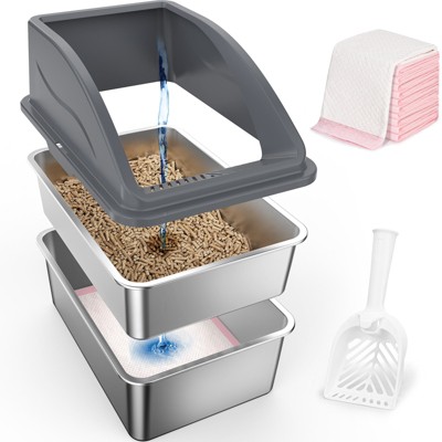 XXL Stainless Steel Sifting Litter Box for Pine Pellet & Non-Clumping Litter, Anti-Leakage High-Sided Cat Litter Box with Lid for Large Cats