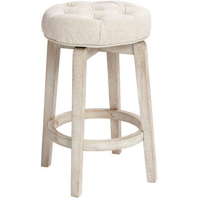 55 Downing Street Wood Swivel Bar Stool 26" High Farmhouse Oatmeal Tufted Fabric Upholstered Cushion Kitchen Counter Height Island
