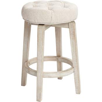 55 Downing Street Shelby White Wood Swivel Bar Stool 26" High Farmhouse Rustic Oatmeal Upholstered Cushion with Footrest for Kitchen Counter Height
