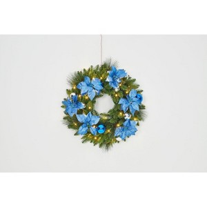 24" Pre-Lit Christmas Wreath with Berries Pinecones Poinsettia Flowers Lighted Artificial Christmas Wreath for Home Indoor Outdoor Decorations - 1 of 1