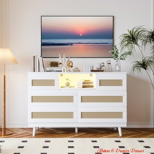 Entryway Rattan 6 Drawer Dresser with Charging Station, Led Lights, Wooden Natural Dresser for Bedroom, Modern Farmhouse Chest of Drawers - 1 of 4