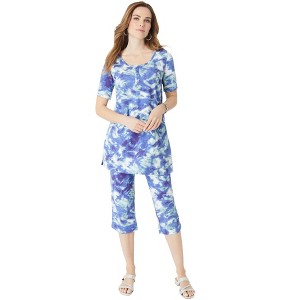 Roaman's Women's Plus Size Printed Henley Capri Set - 1 of 4