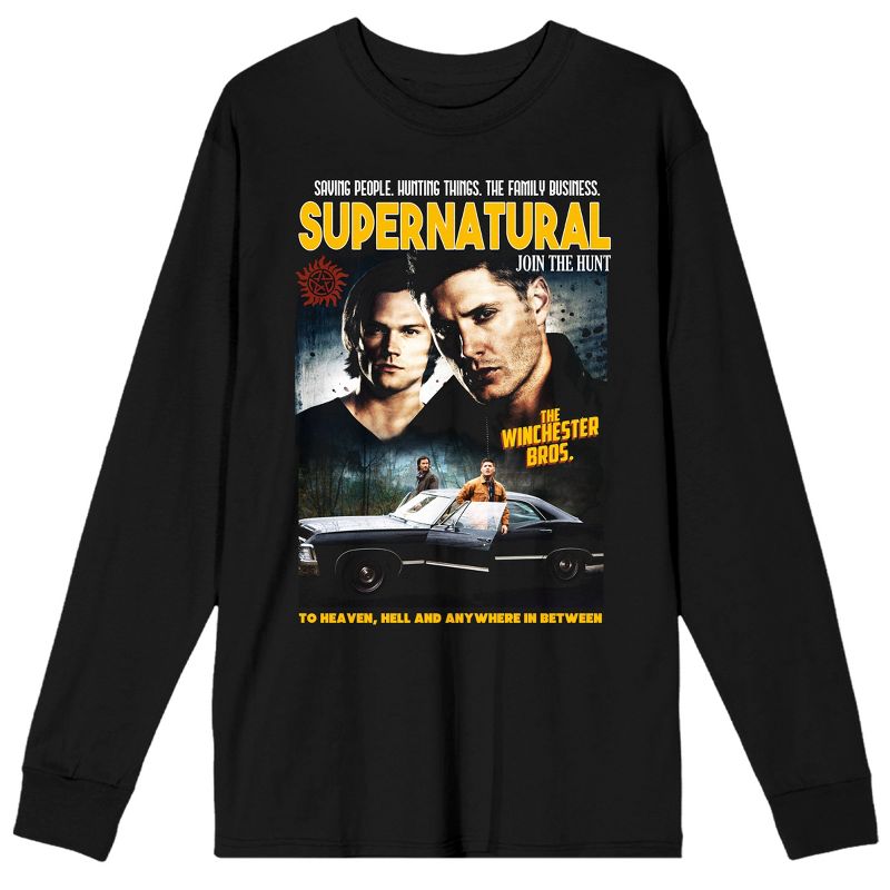 Supernatural Poster Design Cast and Title Logo Adult Black Long Sleeve Crew Neck Tee, 1 of 4