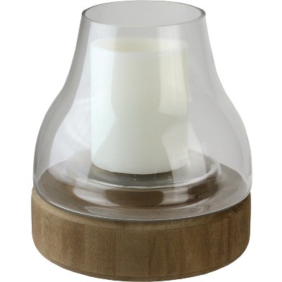 Northlight 10.25" Transparent Glass Pillar Candle Holder with Wooden Base