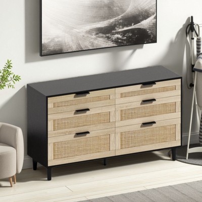 FURNIinspire Dressers 6 Drawer Dresser Rattan Clothes Storage Cabinet, Freestanding Dresser For Bedroom, Multicolored, 51.18"*15.75"*29.53"