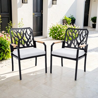 Chic Crate-Outdoor Aluminum Patio Dining Chairs 2PCS with Sunbrella Cushions, Branch-Like Backrest & FSC Wood Armrests, Bourbon Brown