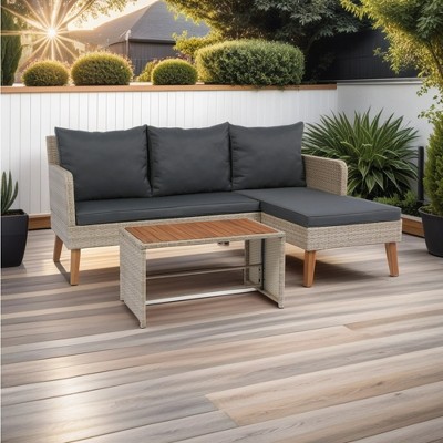 SKRAN 3 Piece Patio Sectional Wicker Rattan Outdoor Furniture Sofa Set Natural Yellow Wicker＆Dark Grey Cushion