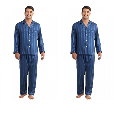 INSPIRE CHIC Men's 2 Pack Satin Long Sleeve Striped Button Down Pajamas Set