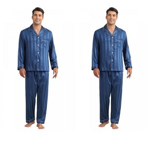 INSPIRE CHIC Men's 2 Pack Satin Long Sleeve Striped Button Down Pajamas Set - 1 of 4