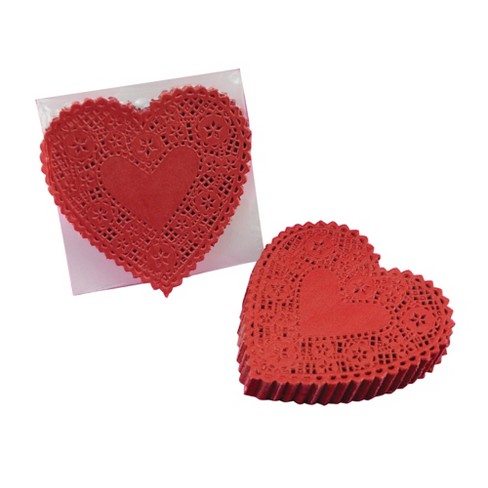 School Smart Paper Die-cut Heart Lace Doily, 4 Inches, Red, Pack