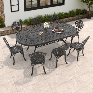 9-Piece Patio Set: Oval Table & 8 Chairs - Cast Aluminum, All-Weather/Umbrella Hole & Adjustable Legs for Balcony/Backyard - 1 of 4