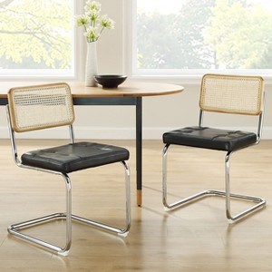 HOMLUX Set of 2 Rattan Dining Chairs Faux Leather Upholstered Cane Chairs with Chrome Metal Legs and Woven Backrest - 1 of 4