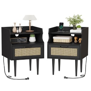 Rattan Nightstand Set of 2, Modern Side Table with Charging Station, Mid Century End Table with Drawer - 1 of 4